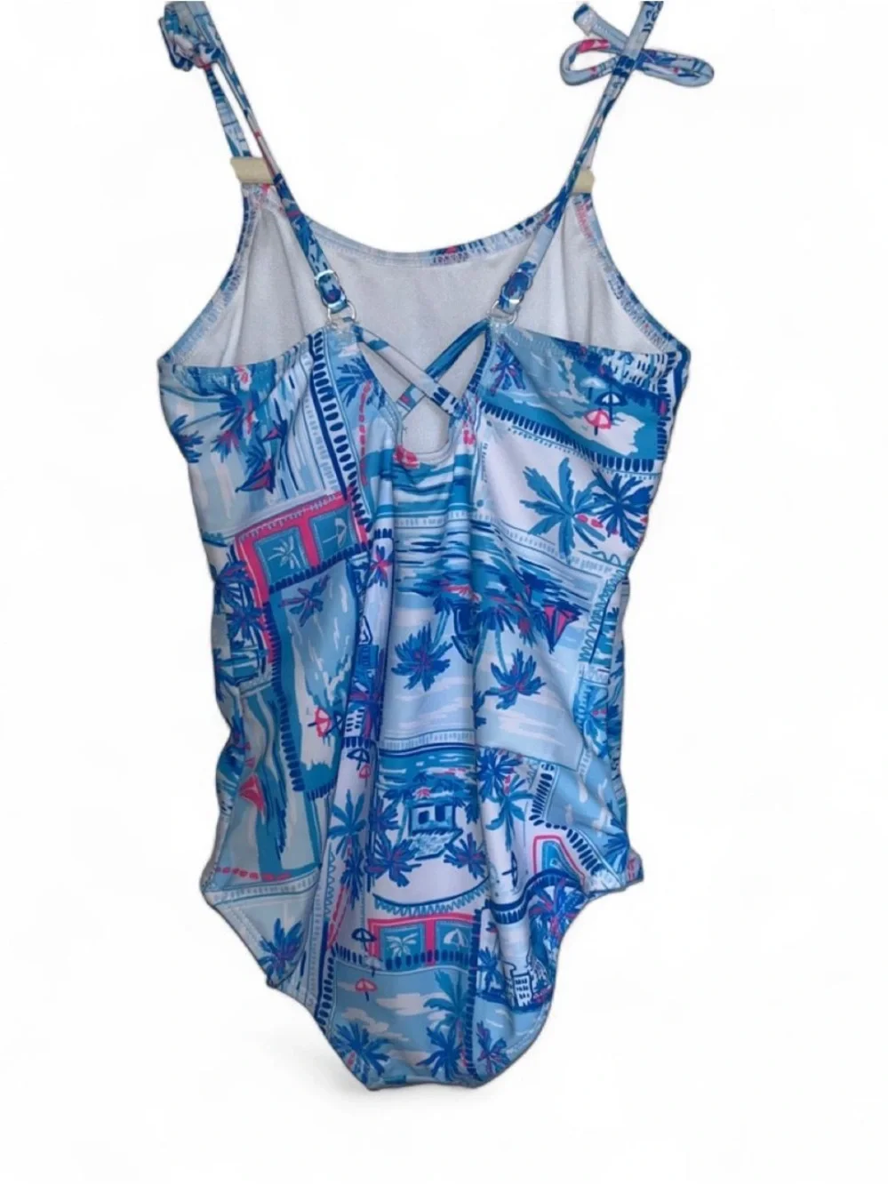 Juicy Couture Blue Tropical Print One-Piece Swimsuit with Tie Straps